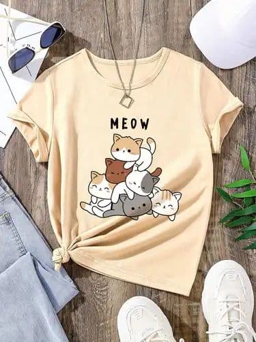 Menow Cats Girl Printed Oversized T-Shirt