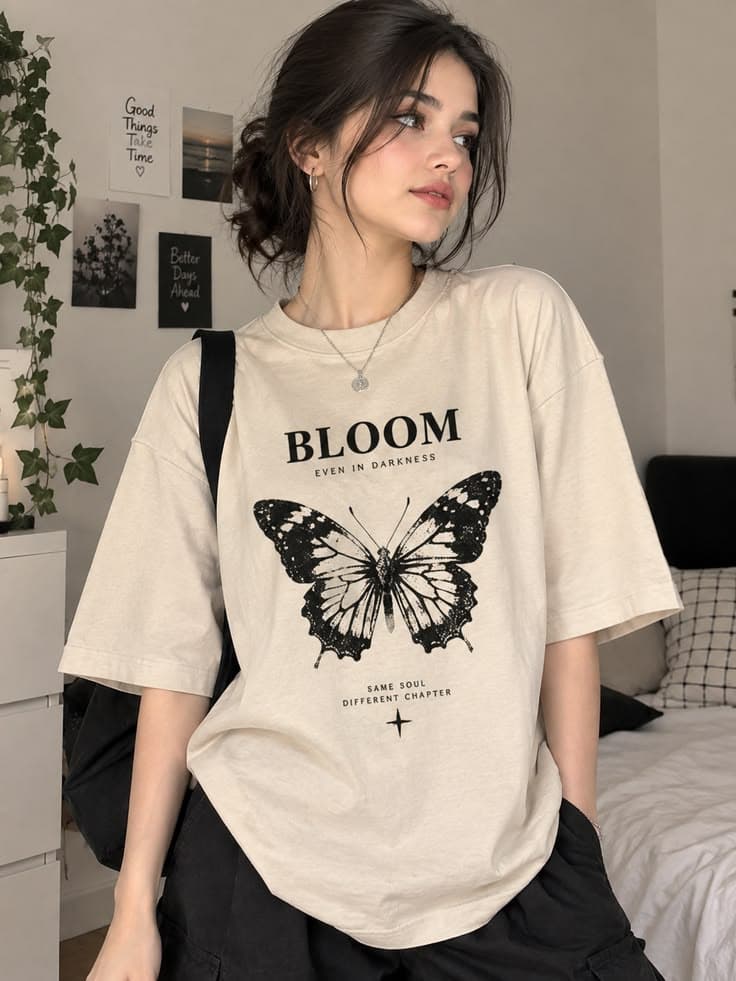 Bloom butterfly Girls Printed Oversized T-Shirt